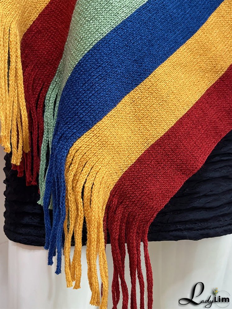 Knitted Striped Tassel Poncho