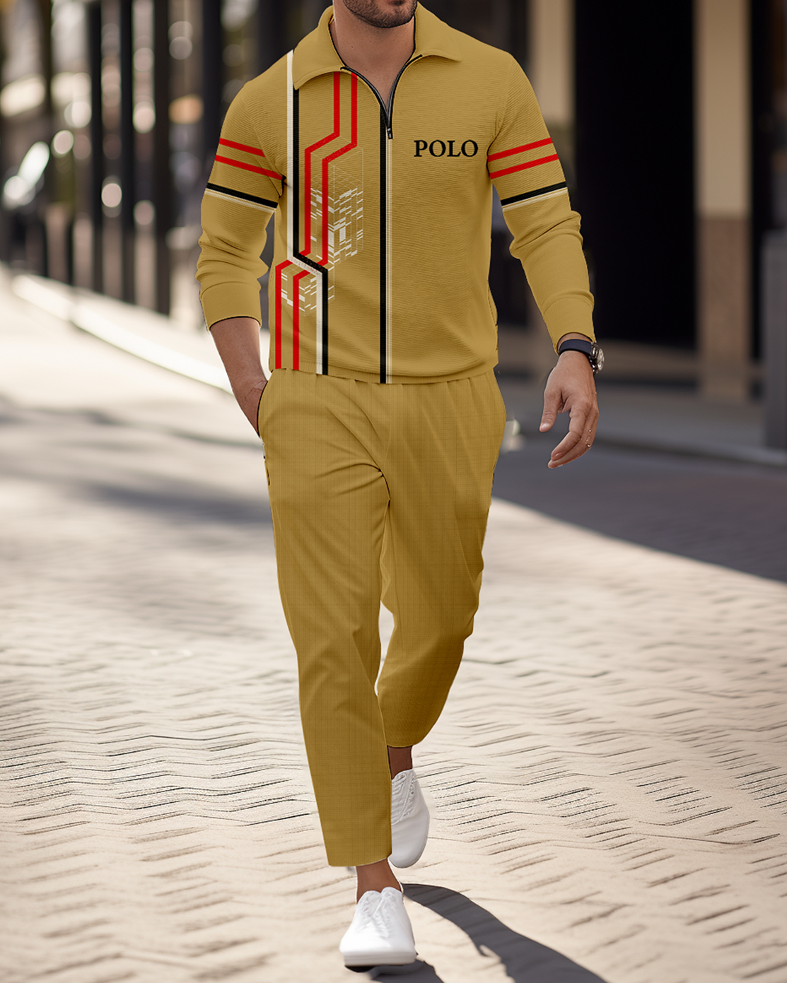 Men's Casual Colorblock Personalized Long Sleeve Polo Shirt Set 163