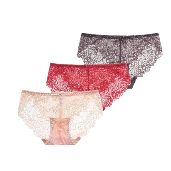 3Pcs/Lot Sexy Lace Underwear Women Transparent Low Waist Panties Cotton Crotch Briefs for Girls Breathable Seamless Lingeries