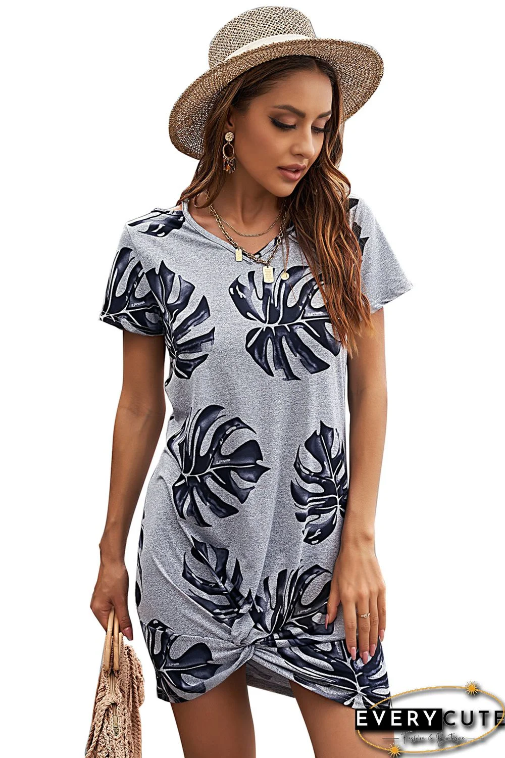 Gray Palm Leaf Hollow Out Twist Mini Dress