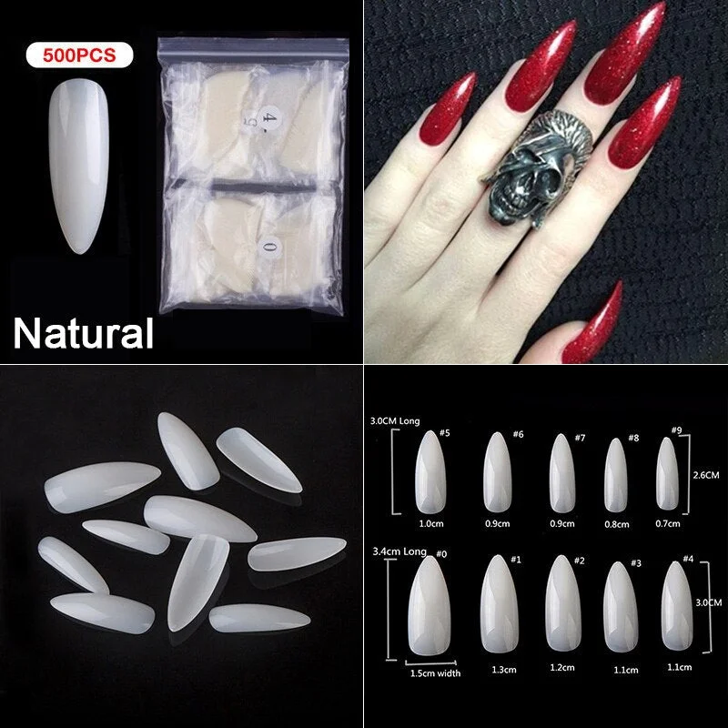 500pcs/Pack Long Almond Stiletto False Nails Tips Full Cover Fake Nails 10 Sizes For Manicure Salon Acrylic Press On Nails Tools