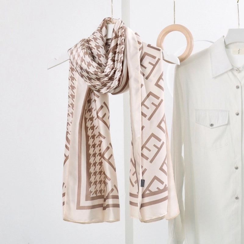 Women’s Fashion Letter Plaid Satin Printing Silk Scarves