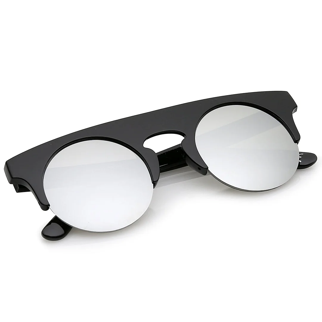 Modern Flat Top Horn Rimmed Round Flat Lens Semi Rimless glasses 48mm