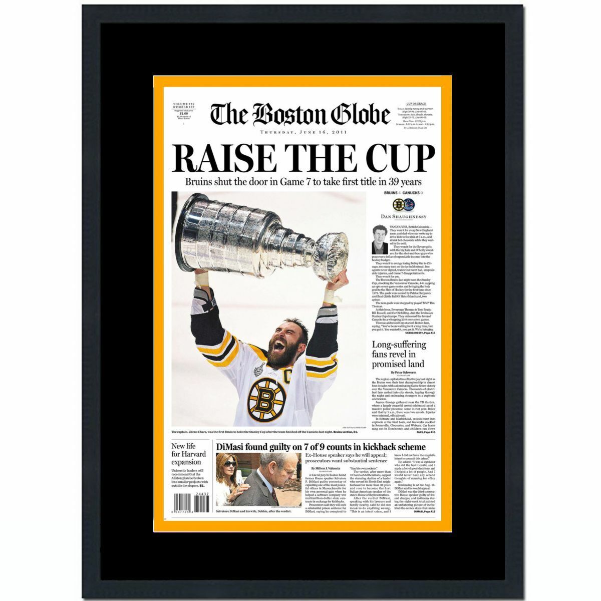 Framed The Boston Globe Bruins Raise Cup 2011 Stanley Cup Newspaper 17x27 Photo Poster painting