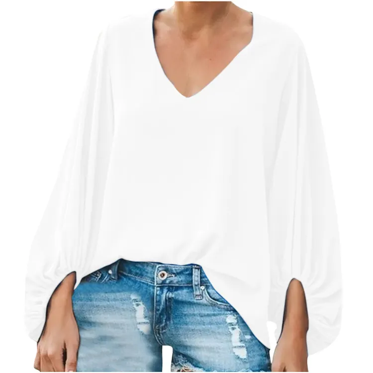 Women Stylish Tops Elegant Office Work Shirts Long Lantern Sleeve Sexy V-Neck Casual Bow