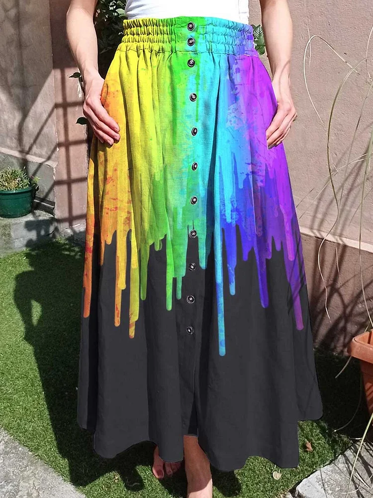 Women's Rainbow Print Pattern Skirt With Pockets