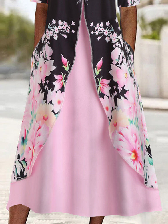 Women Half Sleeve V-neck Solid Color Dress