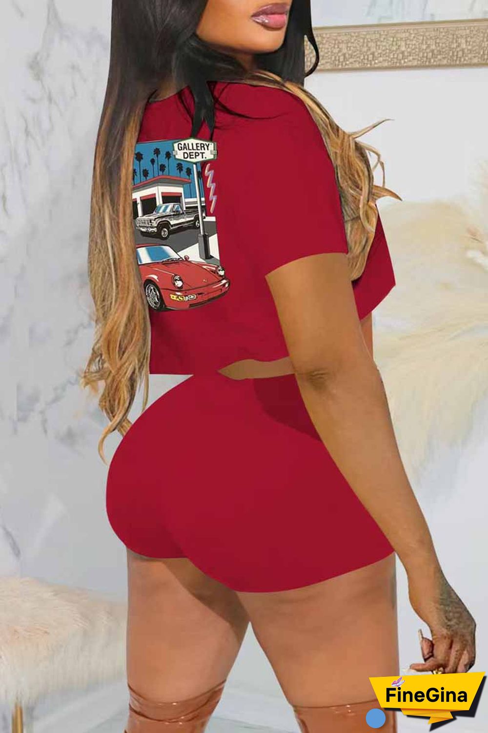 Black Casual Print Letter O Neck Short Sleeve Two Pieces