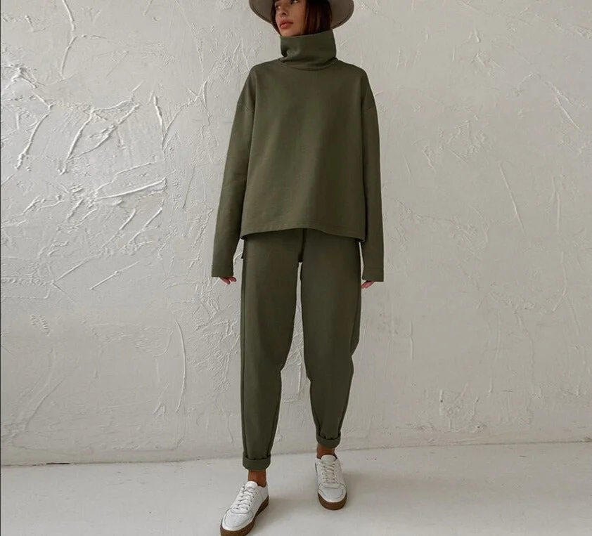 Uforever21 Fall Outfits  Winter Loose Green Cotton Two Piece Set Women Outfit 2023 Fashion Turtleneck Long Sleeve Shirt With Pencil Pants Set