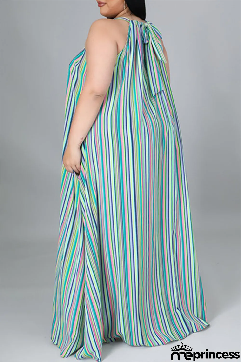 Light Blue Fashion Casual Plus Size Striped Print Backless O Neck Sleeveless Dress