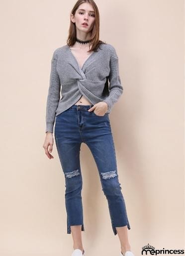 Tie Deep V Neck Pullover Knitted Sweater