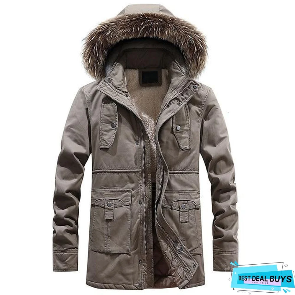 Men Long Casual Thick Warm Fleece Jacket Parkas Men Outfit Fashion Fur Collar Hooded 100% Cotton Coat Parkas