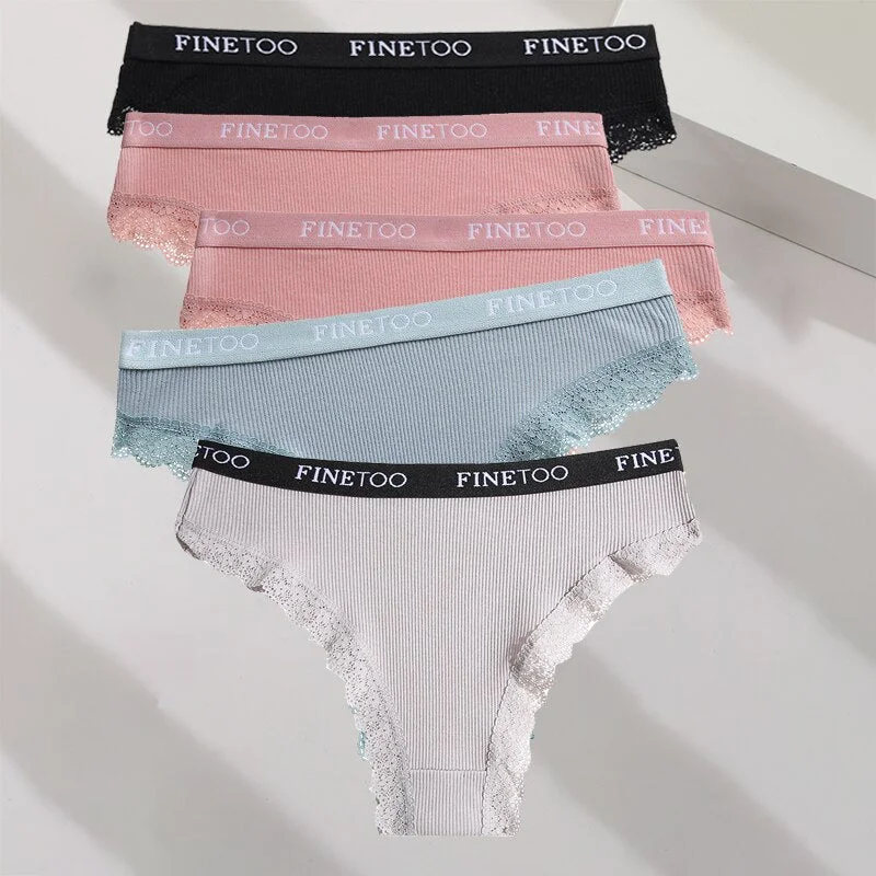 FINETOO 5PCS/Set M-XXL Cotton Panties Women's Letter Thong  Girls Brazilian Panty Sexy Lace Underwear For Woman Lingerie Bikini