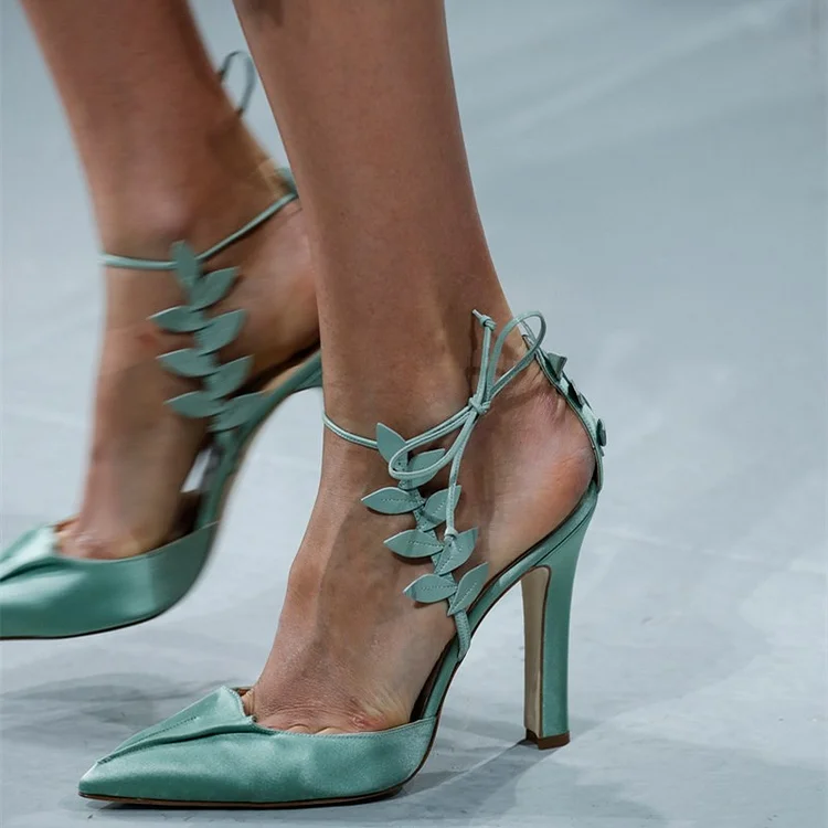 Turquoise Satin Leaf Closed Toe Prom Sandals with Heels Vdcoo
