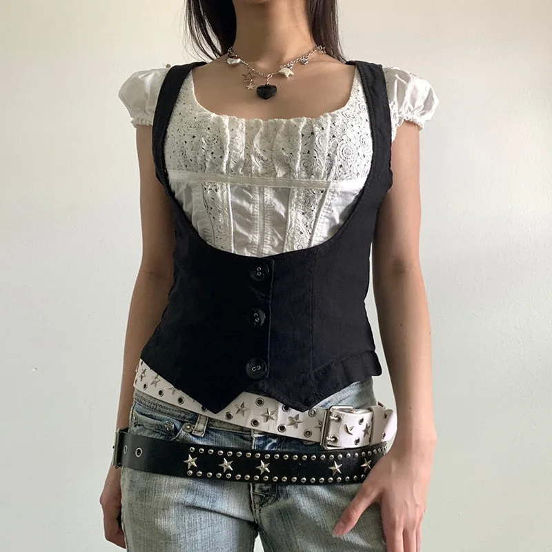 Rapcopter Y2k Button Corset Top Black Skinny Breasted Tops Backless