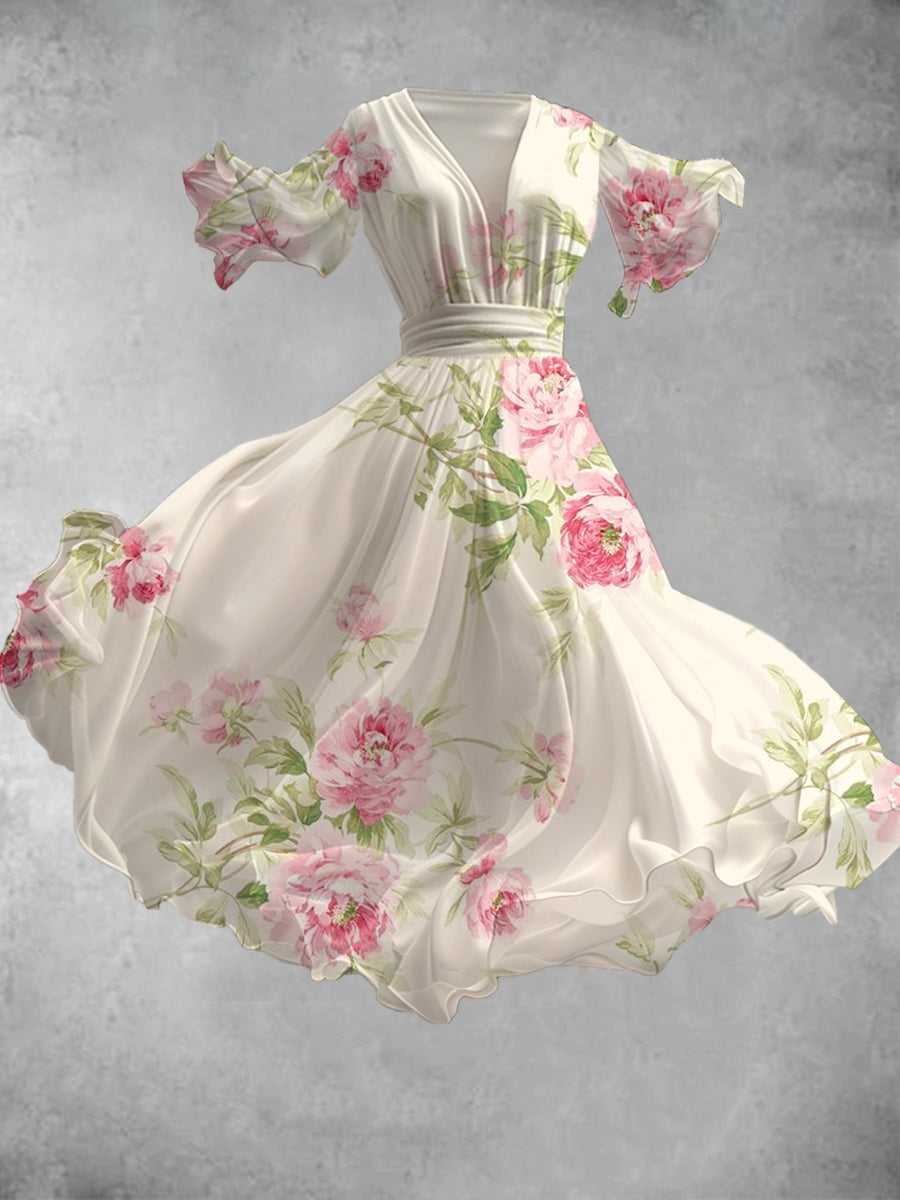 Floral Art Print V-Neck Vintage Elegant Chic Short Sleeve Flowy Midi Dress