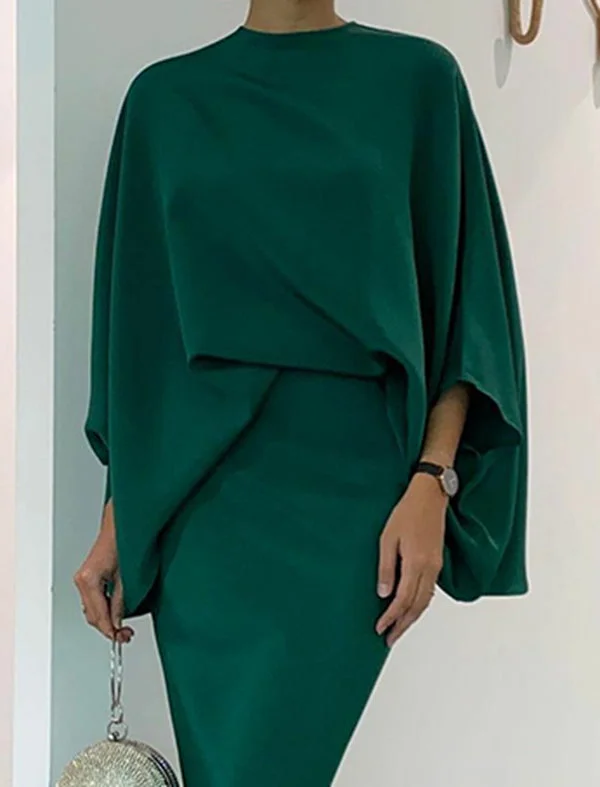 Batwing Sleeves Loose Solid Color Split-Joint Round-Neck Skirt Set Two Pieces Set