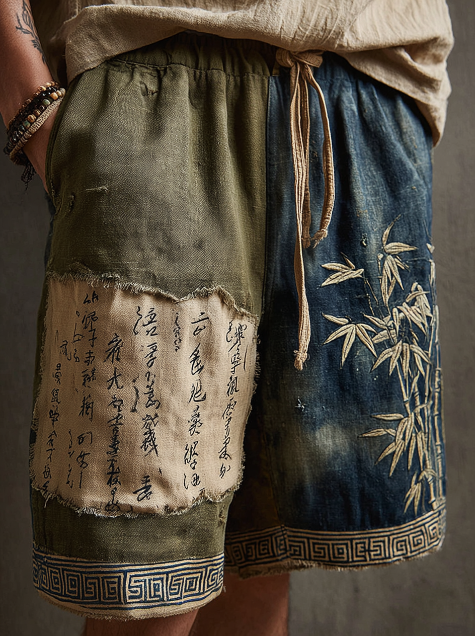 Men's  Vintage Ancient Calligraphy And Bamboo Leaves Printed Art Linen Blend Shorts elevenforest