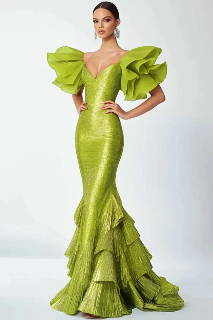 V Neck Ruffle Sleeve Tiered Mermaid Maxi Dress-Green [Custom-Made]