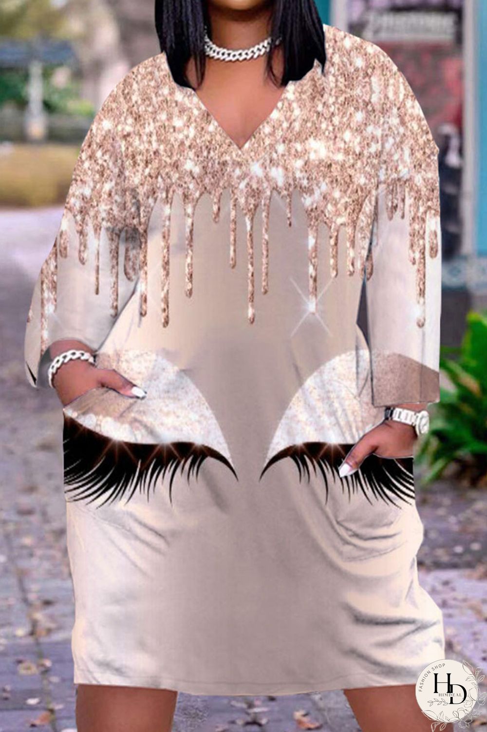 Yellow Brown Casual Print Patchwork V Neck Straight Dresses