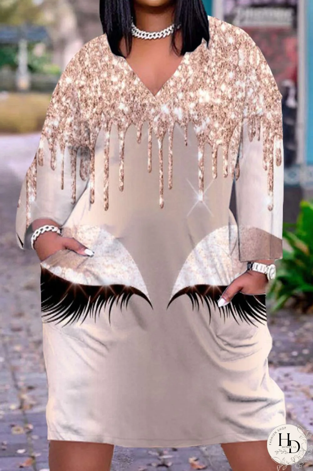 Yellow Brown Casual Print Patchwork V Neck Straight Dresses