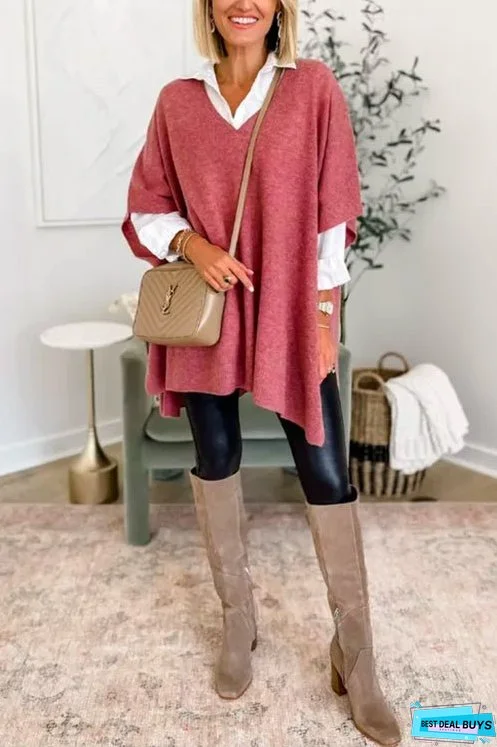 Chicest V Neck Loose Fit Solid Poncho Sweater