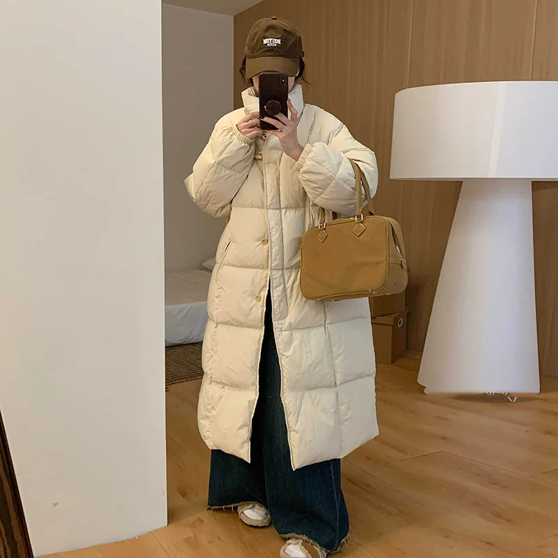 Woherb East Gate Korean Horn Buckle Long Down Jacket Female 2024 Winter Temperament Over The Knee And Thick White Duck Velvet Coat Tide-Outfit Ideas