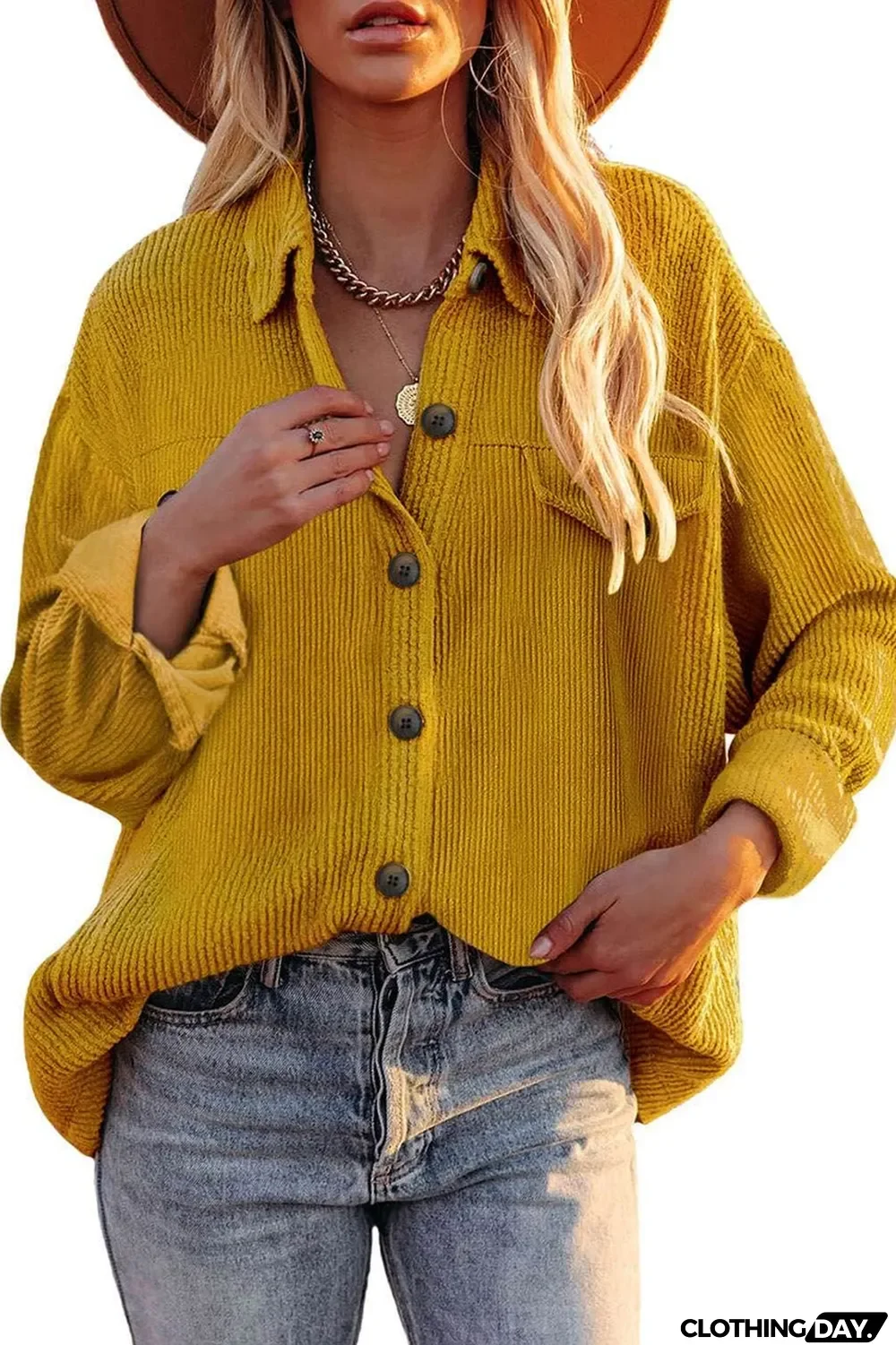 Yellow Corduroy Long Sleeve Button-up Shirt Coat