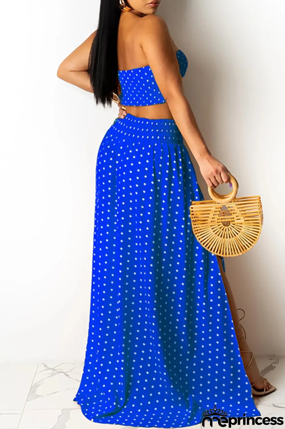 Blue Fashion Sexy Dot Print Backless Slit Strapless Sleeveless Two Pieces