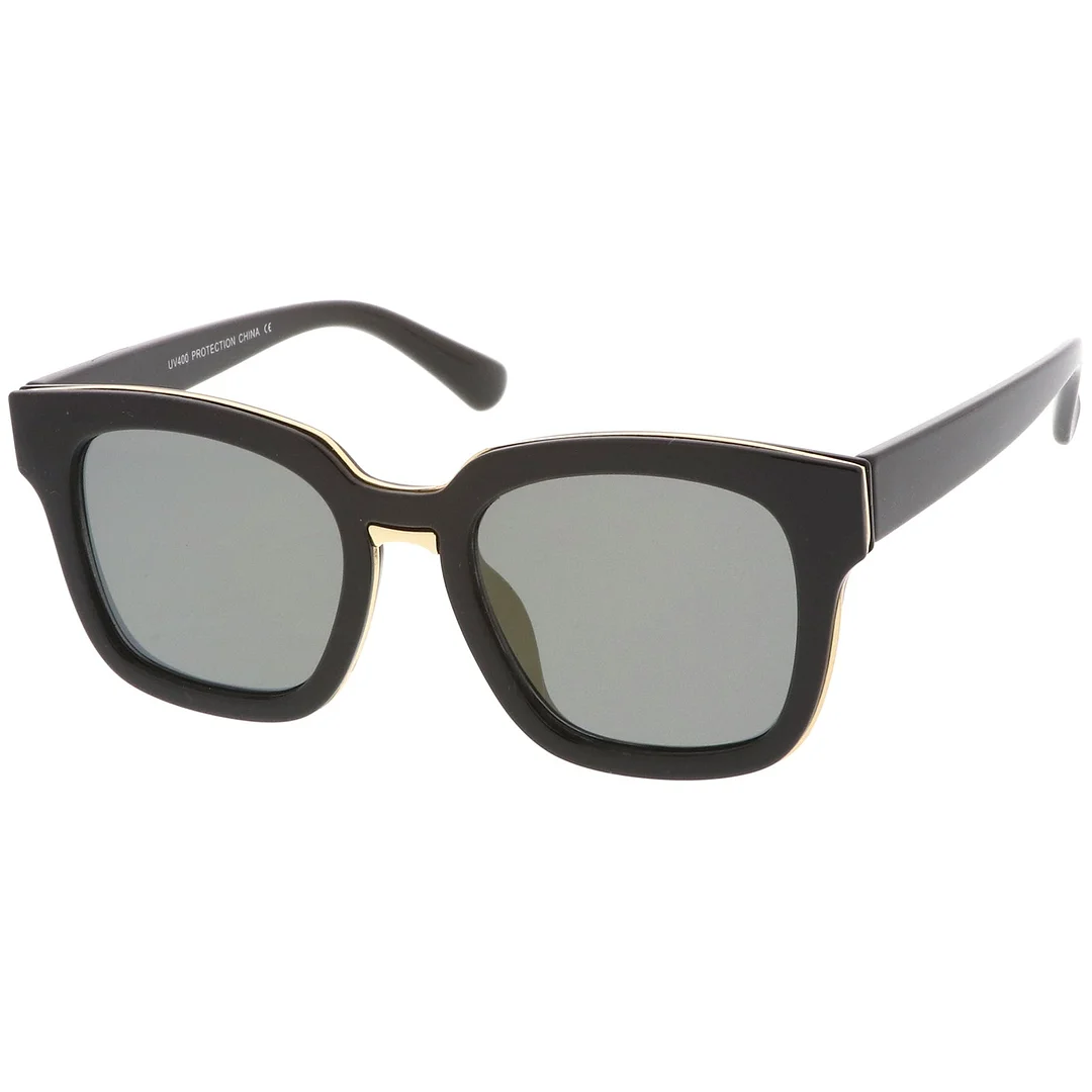 Modern Metal Trim Bridge Square Mirror Flat Lens Horn Rimmed glasses 50mm