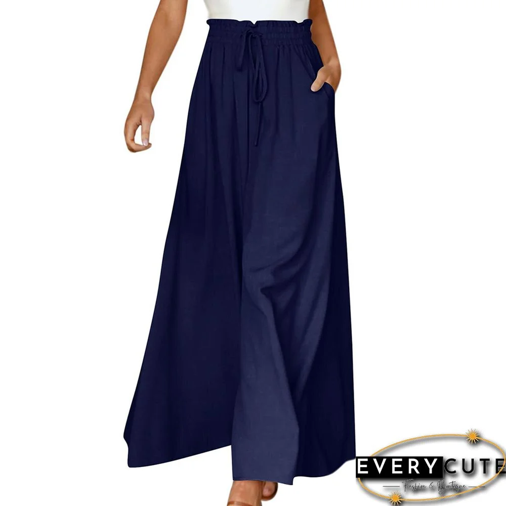 Navy Blue Elastic Waistband Wide Leg Long Culottes