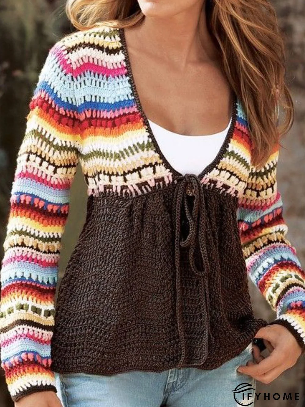 V Neck Tribal Knitted Long Sleeve Sweater | IFYHOME