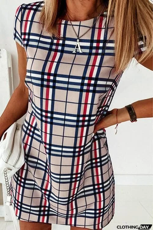 Grid Short Sleeve Bodycon Mini Dress