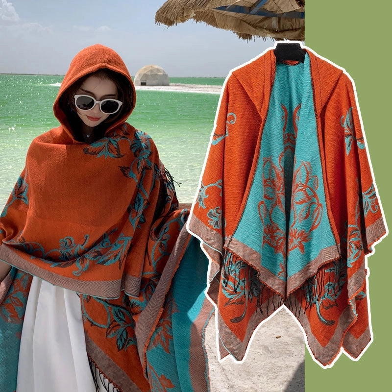 Ethnic Style Hooded Cape Women’s Yunnan Tibet Western Sichuan Grassland Bohemia Travel Wear Scarf Coat