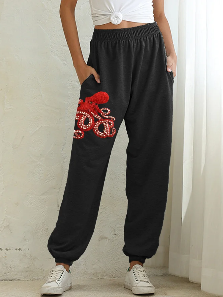 Red Octopus Embroidered Pattern Casual Sweatpants