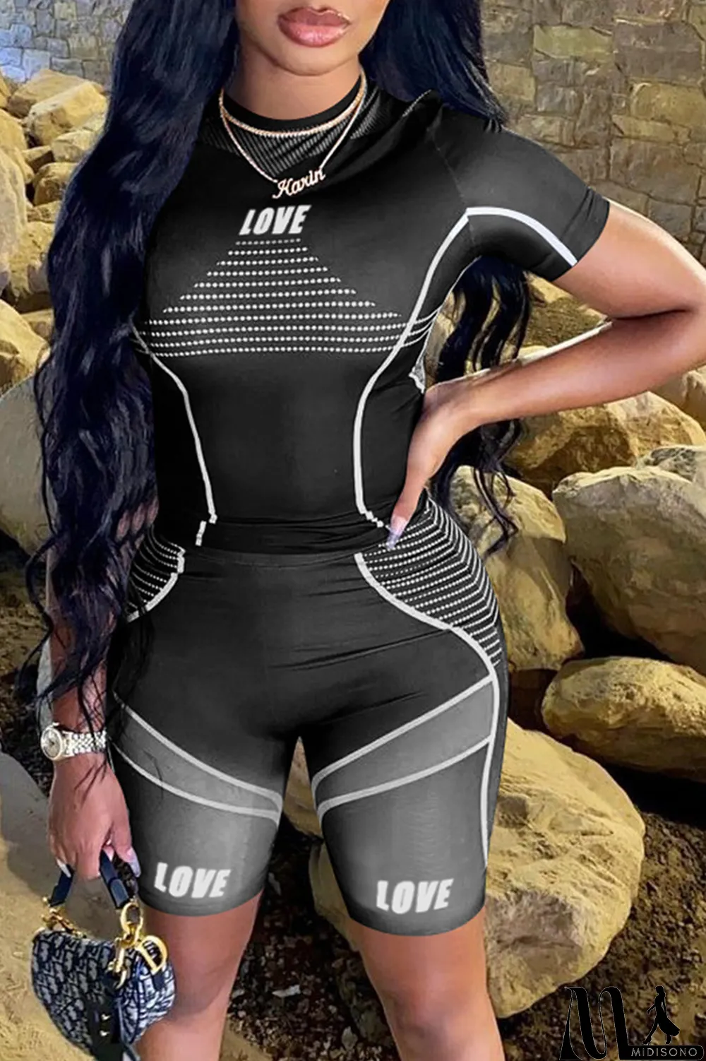 MidiSono - Purple Sexy Print Split Joint O Neck Short Sleeve Two Pieces