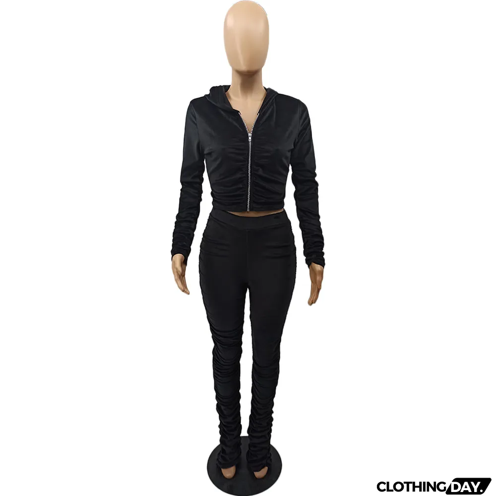 Velvet Pleated Zipper Hooded Jacket Skinny Pants Suit