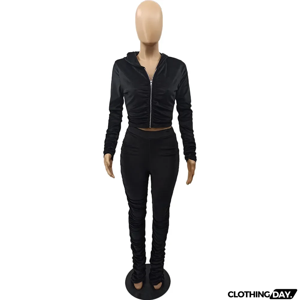 Velvet Pleated Zipper Hooded Jacket Skinny Pants Suit