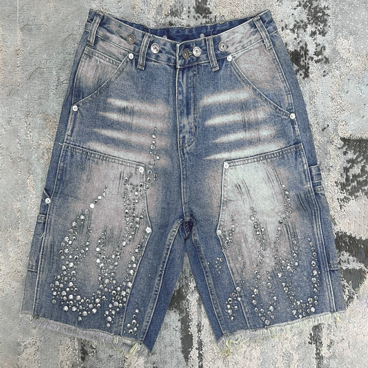 Hiphop Street Flame Rhinestone Five-point Denim Shorts
