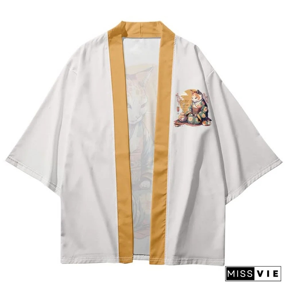 Vintage Cat Warriors Print Cardigan Kimono Outerwear