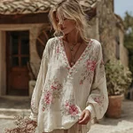 Women's Retro Roses Print V-neck Linen Blend Long Sleeve T-shirt - Image 2