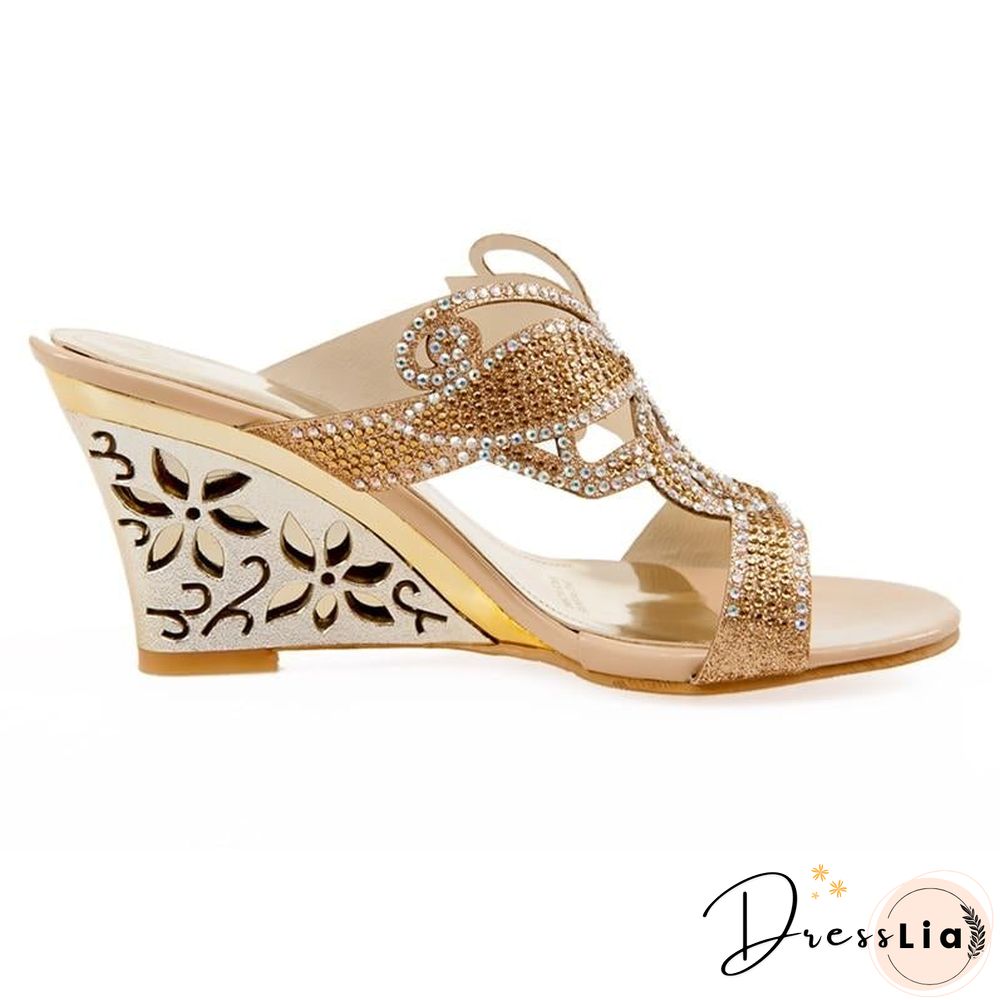 Women Rhinestone Sandals Crystals Cutout Wedge High Heel Open Toe Platform Sandals
