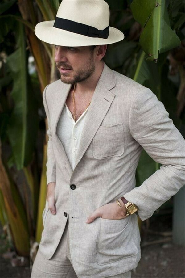 Notched Lapel Summer Fashion Khaki Linen Wedding Suit For Men | Ballbellas Ballbellas