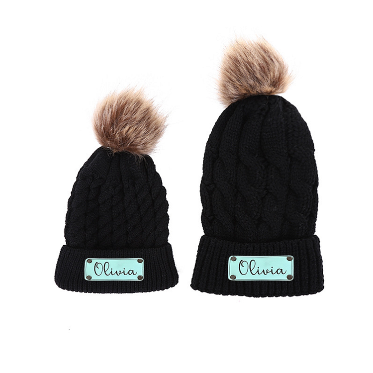 BlanketCute-Personalized Vegan Leather Patch Family Matching Pom Pom Hat with Your Name