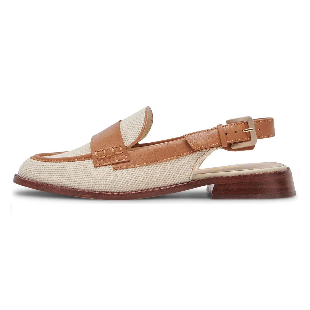 Beige & Brown Round Toe Patchwork Flats Buckle Slingback Loafers