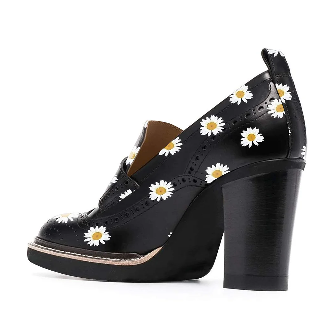 Black Round Toe Daisy Print Loafer Heels with Perforated Patterns