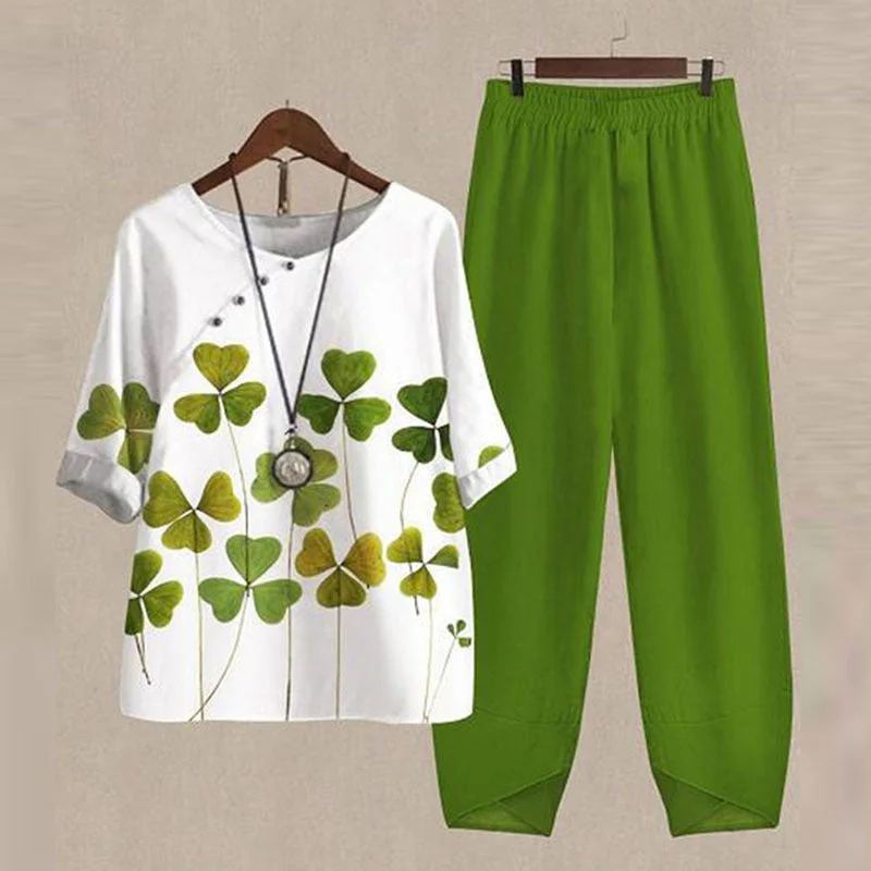 Women plus size clothing Women's Half Sleeve Scoop Neck Leaf Printed Top & Pockets Design Long Pants Set-Nordswear