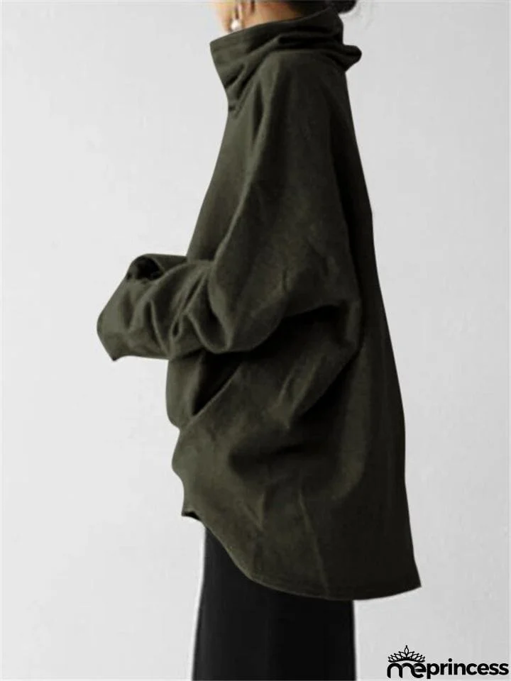 Loose Fit High Neck Long Sleeve Thicken Pullover Casual Sweatshirt