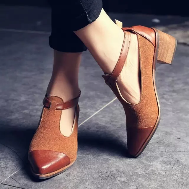 Tan Suede T-Strap Block Heel Ankle Strap Pumps Vdcoo