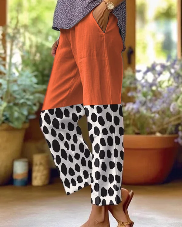 Retro Polka Dot Art Print Loose Cotton and Linen Casual Pants